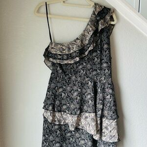 Black and Tan Paisley One-Shoulder Ruffle Dress